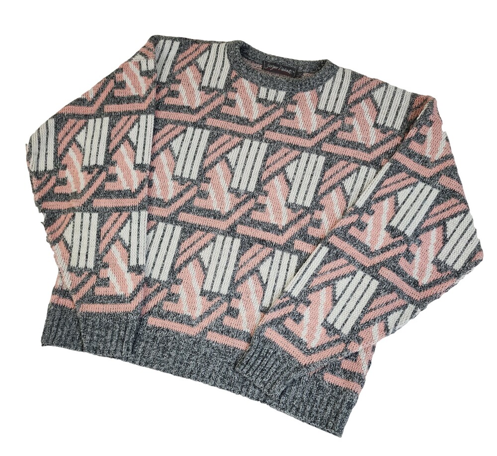 Vintage 90s SERGIO Abstract Geometric Sweater Large Pink Gray Pullover USA #1575